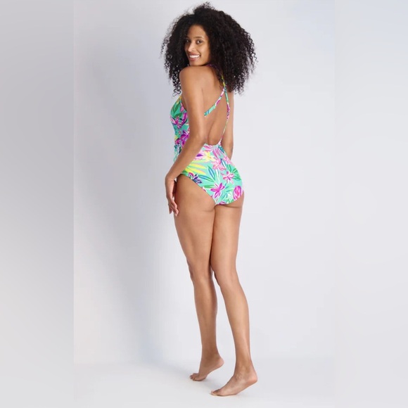 Stella Parker Shirred Multi-Color Hawaiian Floral One Piece Swimsuit Sz M New - Picture 6 of 11